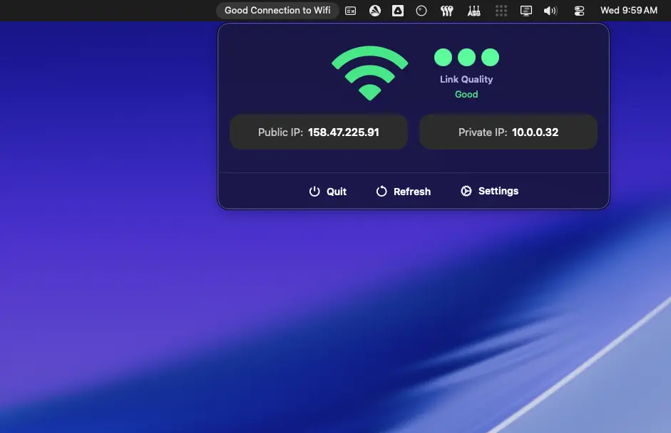 Screenshot of QuickNetStats showing connection details in the macOS menu bar