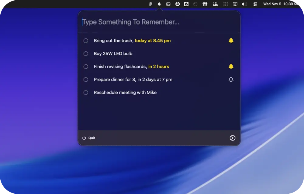 Screenshot of Remindy creating a reminder from the macOS menu bar